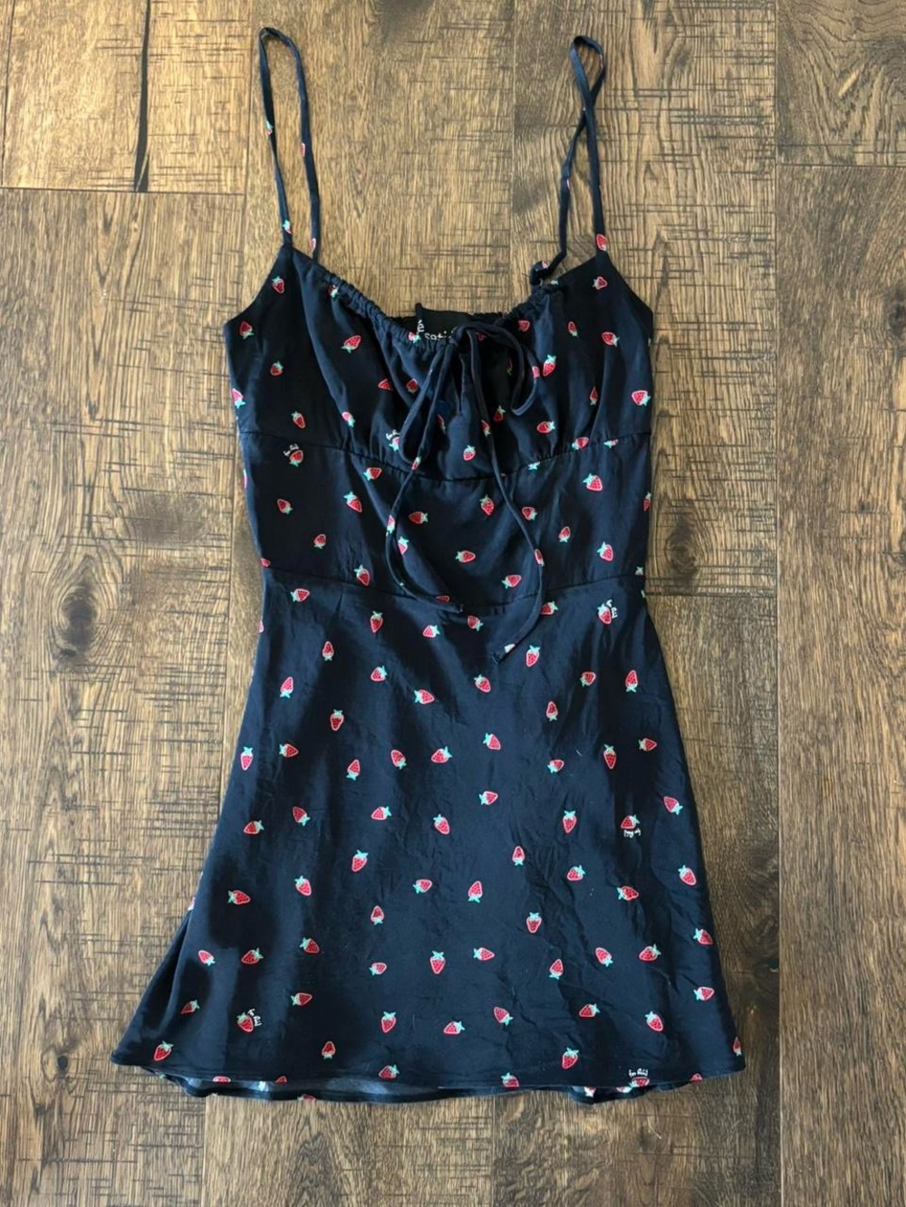 Realisation Par Black Silk Mini Dress with Red Strawberry Print XS